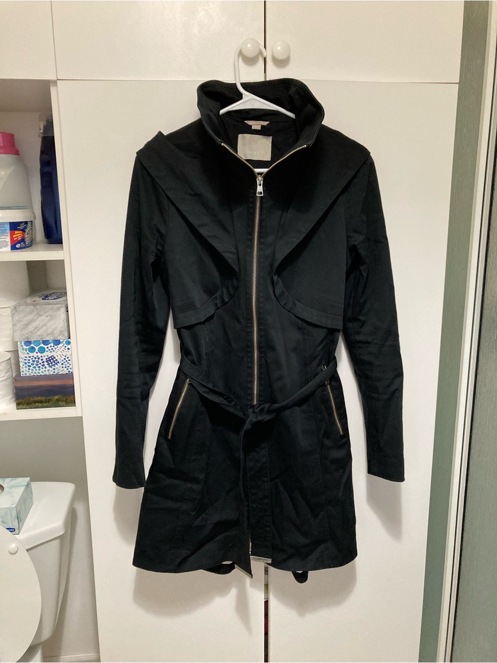 Soia & Kyo Black Zip-Front Trench Coat with Tie Waist